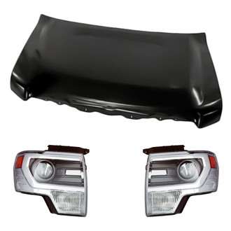 Replacement - 3-Piece Kit (Driver and Passenger Side Headlight Lenses and Housings, Hood Panel) (CAPA Certified)