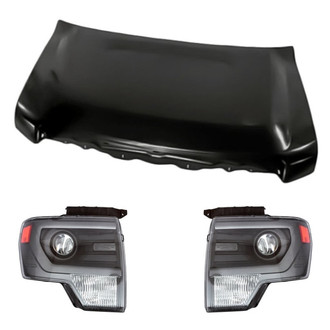 Replacement - 3-Piece Kit (Driver and Passenger Side Headlight Lenses and Housings, Hood Panel) (CAPA Certified)