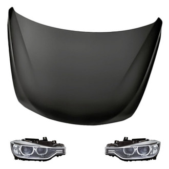 Replacement - 3-Piece Kit (Driver and Passenger Side Headlight Lenses and Housings, Hood Panel) (Standard Line)