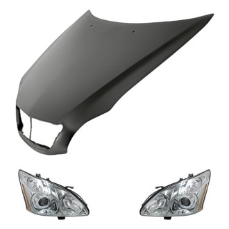 Replacement - 3-Piece Kit (Driver and Passenger Side Headlight Lenses and Housings, Hood Panel) (Standard Line)
