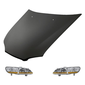Replacement - 3-Piece Kit (Driver and Passenger Side Headlight Lenses and Housings, Hood Panel) (Standard Line)