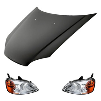 Replacement - 3-Piece Kit (Driver and Passenger Side Headlight Lenses and Housings, Hood Panel) (Standard Line)