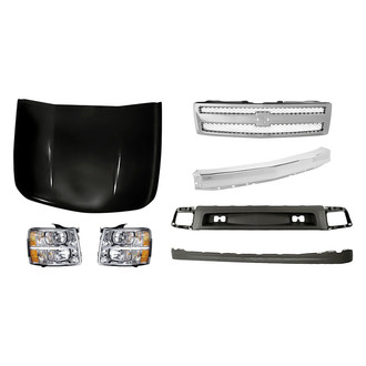 Replacement - 7-Piece Kit (Driver and Passenger Side Headlights, Front Bumper Air Deflector, Front Bumper Deflector Extension, Front Bumper Face Bar, Grille, Hood Panel) (Standard Line)