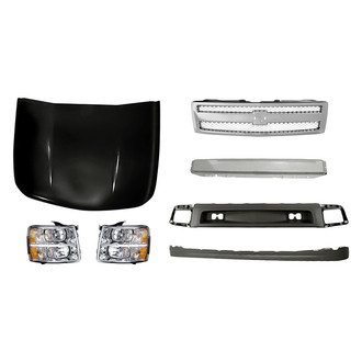Replacement - 7-Piece Kit (Driver and Passenger Side Headlights, Front Bumper Air Deflector, Front Bumper Deflector Extension, Front Bumper Reinforcement, Grille, Hood Panel) (Standard Line)