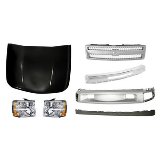 Replacement - 7-Piece Kit (Driver and Passenger Side Headlights, Front Bumper Deflector, Front Bumper Deflector Extension, Front Bumper Face Bar, Grille, Hood Panel) (Standard Line)