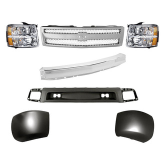 Replacement - 7-Piece Kit (Driver and Passenger Side Headlights, Front Bumper Air Deflector, Front Bumper Face Bar, Front Driver and Passenger Side Bumper Ends, Grille) (Standard Line)