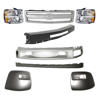 Replacement - 8-Piece Kit (Driver and Passenger Side Headlights, Front Bumper Deflector, Front Bumper Deflector Extension, Front Bumper Face Bar, Front Driver and Passenger Side Bumper Ends, Grille) (Standard Line)