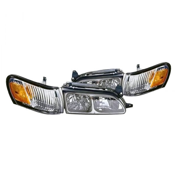 Replacement - Diamond Design Driver and Passenger Side Chrome Euro Headlights with Turn Signal/Corner Lights