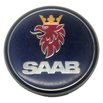 Replacement - Painted Blue Wheel Center Cap With Red Saab Griffin Logo