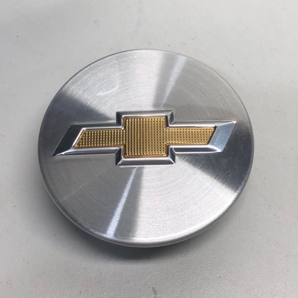 Replikaz® - Machined Brushed Silver Replacement Wheel Center Cap With Gold Reflective Chevy Logo