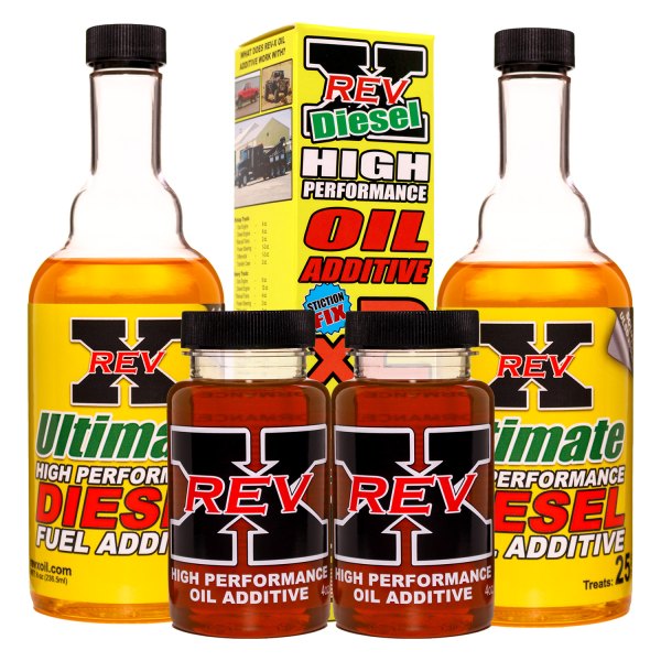 REV-X® - High Performance Oil Additive 2 x 4oz bottle (Stiction Retail Box) + Ultimate Diesel Fuel Additive 2 x 8 oz. Bottle