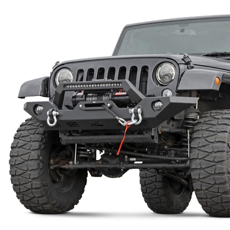 Rough Country® - Jeep Wrangler 2018 Mid Width Blacked Front Winch HD Bumper  with Hoop