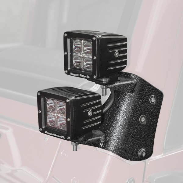 Rugged Ridge® - A-Pillar 3" 4x16W Cube Textured Black Housing Driving Beam LED Light Kit, Jeep Wrangler