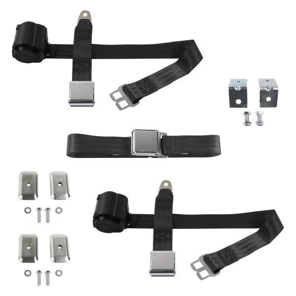 SafeTBoy® - 2-Point Airplane Buckle Retractable Bench Seat Belts with Bracketry, Black