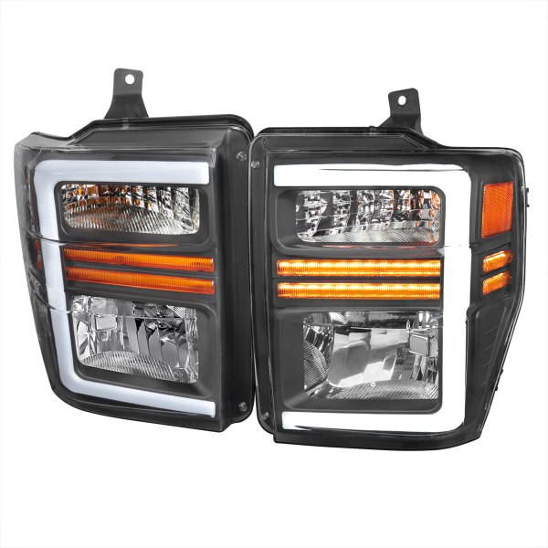 Spec-D® - Matte Black LED Light Tube Euro Headlights with Sequential Turn Signal, Ford F-250