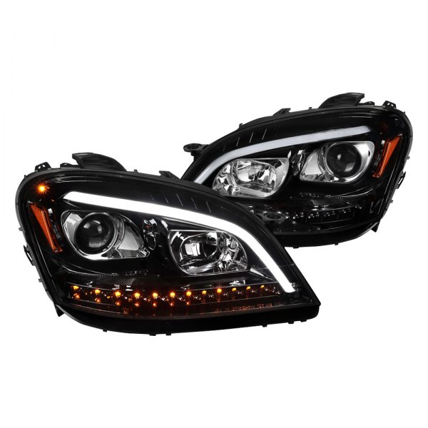 Spec-D® - Gloss Black DRL Bar Projector Headlights with Sequential LED Turn Signal, Mercedes M Class