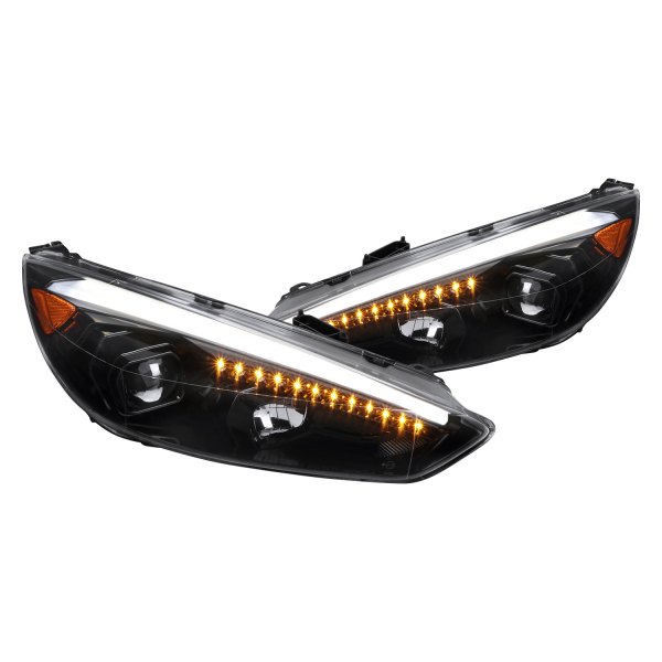 Spec-D® - Gloss Black DRL Bar Projector Headlights with Sequential LED Turn Signal, Ford Focus