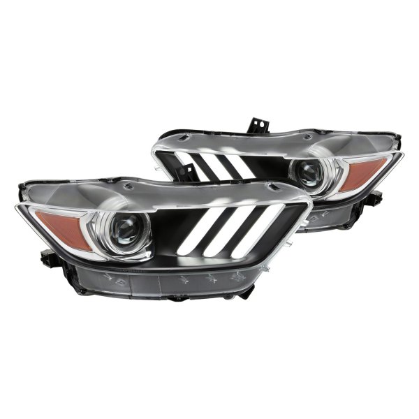 Spec-D® - Driver and Passenger Side Matte Black LED DRL Bar Projector Headlights, Ford Mustang