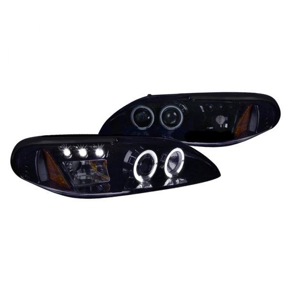 Spec-D® - Gloss Black/Smoke Halo Projector Headlights with Parking LEDs, Ford Mustang