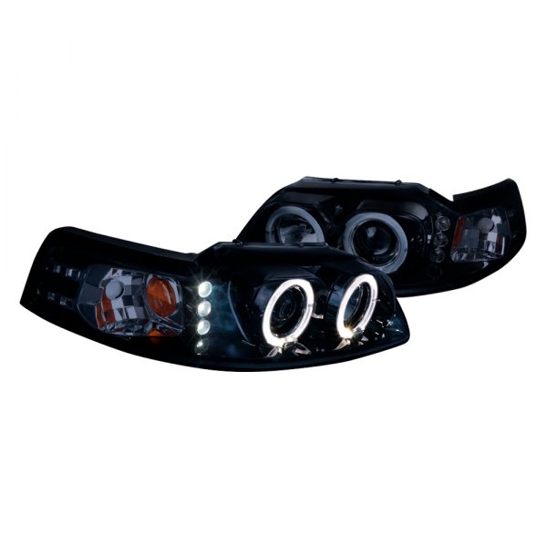 Spec-D® - Gloss Black/Smoke Dual Halo Projector Headlights with Parking LEDs, Ford Mustang