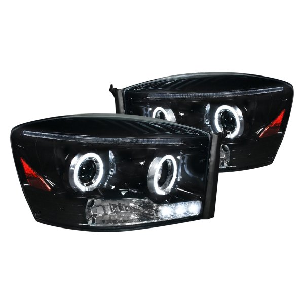 Spec-D® - Gloss Black/Smoke Dual Halo Projector Headlights with Parking LEDs, Dodge Ram