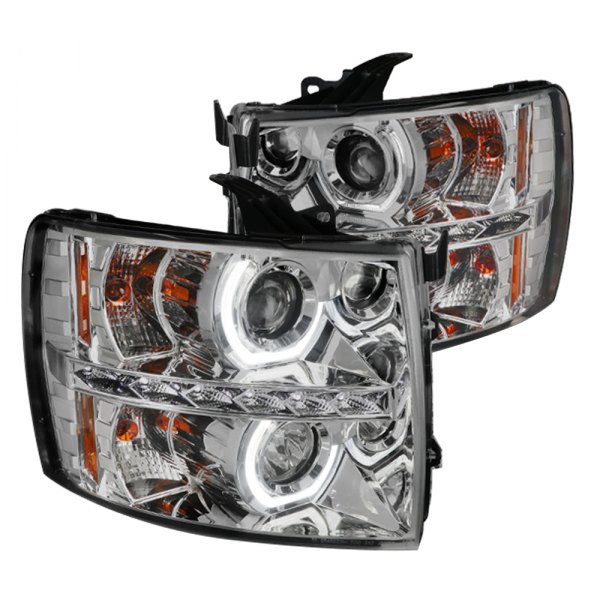 Spec-D® - Chrome LED DRL Bar Dual Halo Projector Headlights with Parking LEDs, Chevy Silverado