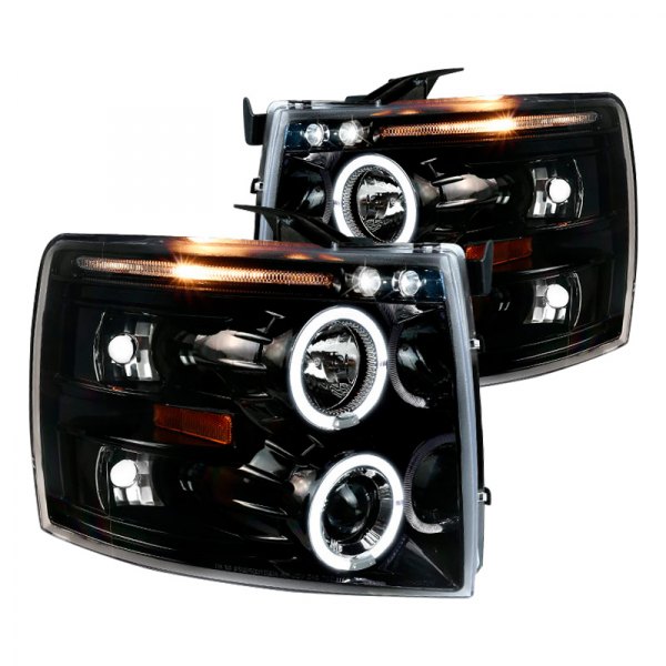 Spec-D® - Black Dual Halo Projector Headlights with Parking LEDs, Chevy Silverado