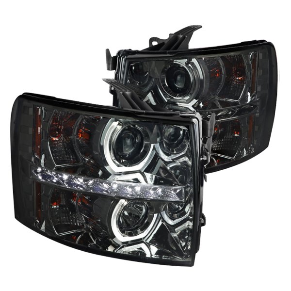 Spec-D® - Chrome/Smoke LED DRL Bar Dual Halo Projector Headlights with Parking LEDs, Chevy Silverado