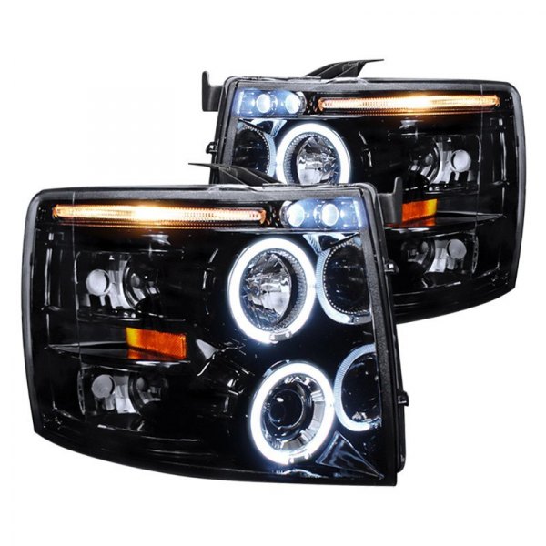 Spec-D® - Gloss Black/Smoke Dual Halo Projector Headlights with Parking LEDs, Chevy Silverado