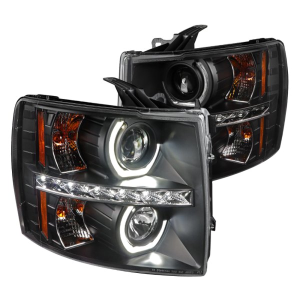 Spec-D® - Black LED DRL Bar Dual Halo Projector Headlights with Parking LEDs, Chevy Silverado