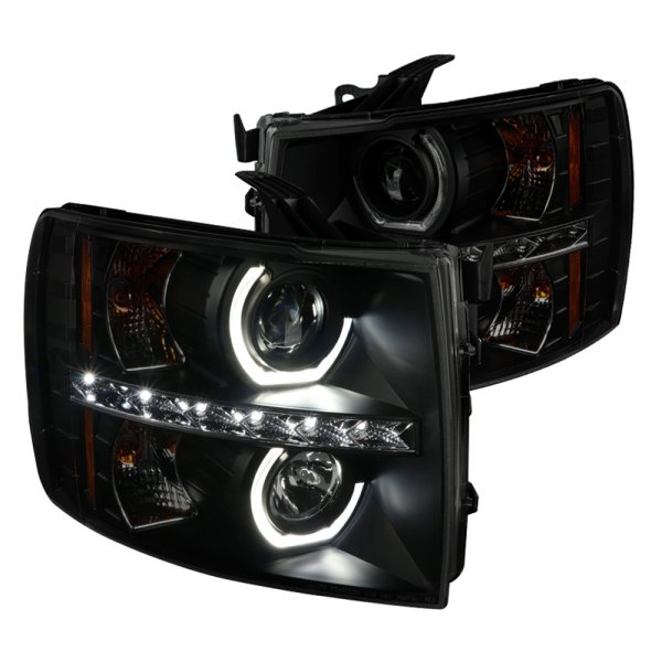 Spec-D® - Black/Smoke LED DRL Bar Dual Halo Projector Headlights with Parking LEDs, Chevy Silverado