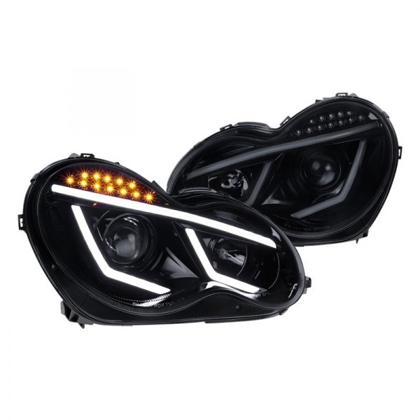 Spec-D® - Gloss Black/Smoke DRL Bar Projector Headlights with LED Turn Signal, Mercedes C Class