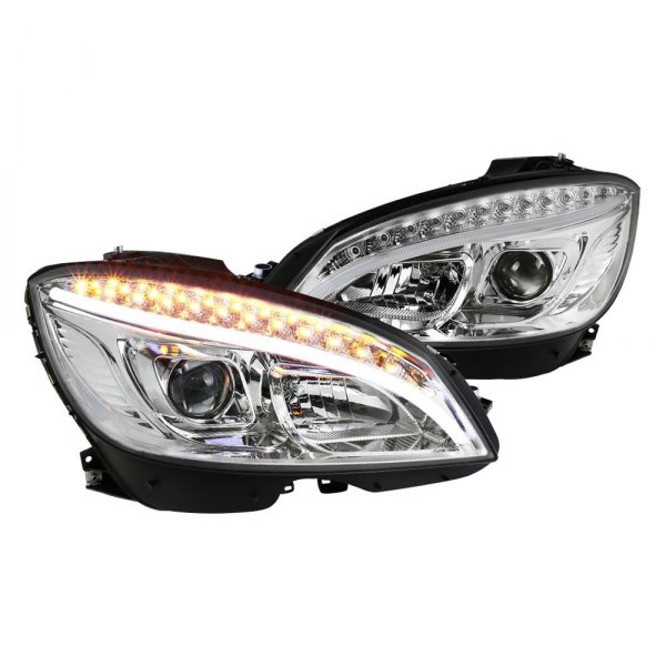 Spec-D® - Chrome DRL Bar Projector Headlights with LED Turn Signal, Mercedes C Class