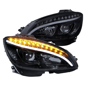 Spec-D® - Driver and Passenger Side Gloss Black DRL Bar Projector Headlights with LED Turn Signal