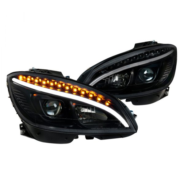 Spec-D® - Black DRL Bar Projector Headlights with LED Turn Signal, Mercedes C Class
