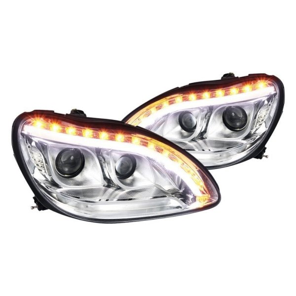 Spec-D® - Chrome DRL Bar Projector Headlights with LED Turn Signal, Mercedes S Class