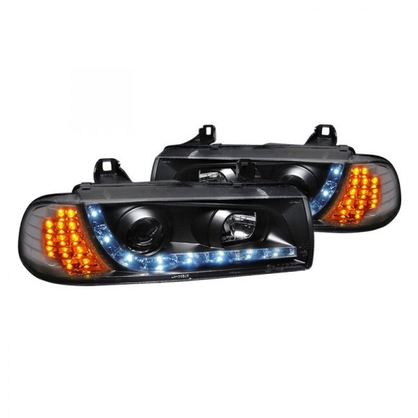Spec-D® - R8 Style Black Projector Headlights with LED Turn Signal and DRL, BMW 3-Series