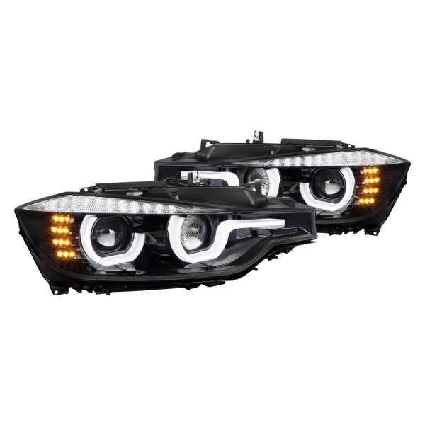 Spec-D® - Gloss Black DRL Bar Dual Halo Projector Headlights with LED Turn Signal, BMW 3-Series