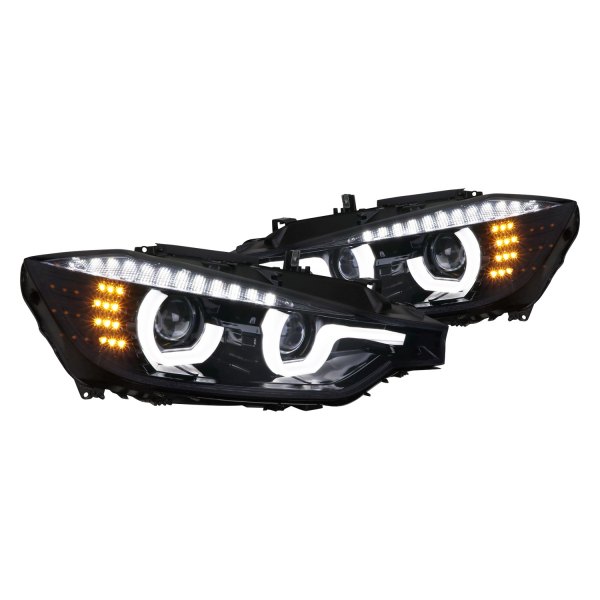 Spec-D® - Gloss Black/Smoke DRL Bar Dual Halo Projector Headlights with LED Turn Signal, BMW 3-Series