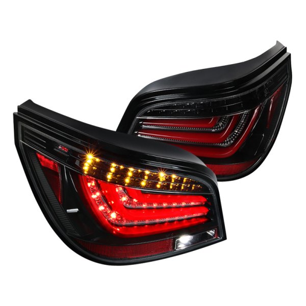 Spec-D® - Gloss Black/Red Fiber Optic LED Tail Lights, BMW 5-Series