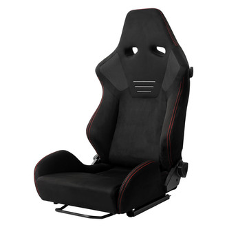 Spec-D® - Black Suede Reclinable Racing Seat, with Double Red Stitch and Covered Harness Slots