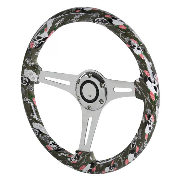 Spec-D® - Wooden Steering Wheel with Army Green Skull & Roses Style Grip