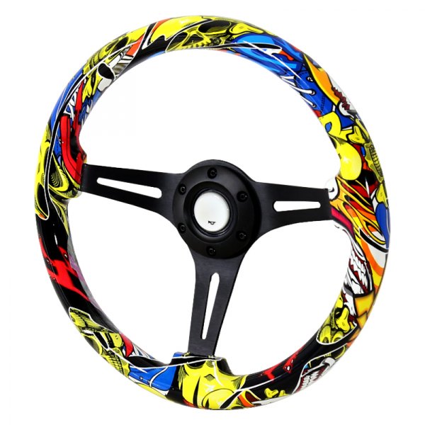 Spec-D® - Wooden Steering Wheel with Yellow Skull Graffiti Style Grip