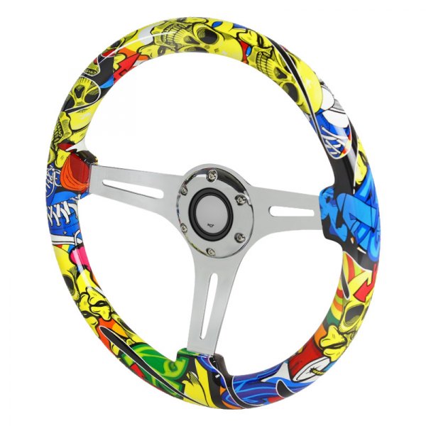 Spec-D® - Wooden Steering Wheel with Yellow Skull Graffiti Style Grip
