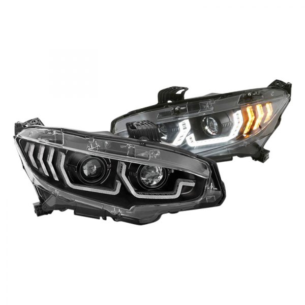 Spyder® - Black LED DRL Bar Projector Headlights with Sequential Turn Signal, Honda Civic