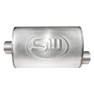Stainless Works® - 304 SS Oval Turbo Chambered Gray Exhaust Muffler (2" Center ID, 2" Offset OD, 14" Length)