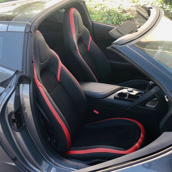 Superlamb® - Leatherette Diamond Design 1st Row Black with Red Stitching Seat Covers