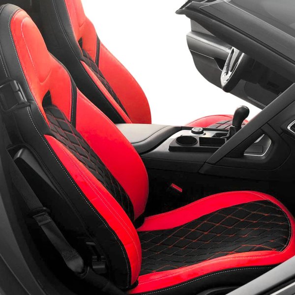  Superlamb® - Leatherette Diamond Design 1st Row Black with Red Stitching Seat Covers