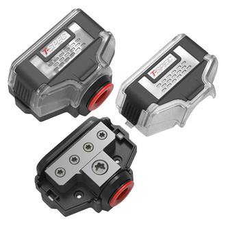 T-Spec® - Black Nickel Plated 4-Position Power & Ground Distribution Block (1 x 0/1 to 4 AWG In, 4 x 4/8 AWG Out)