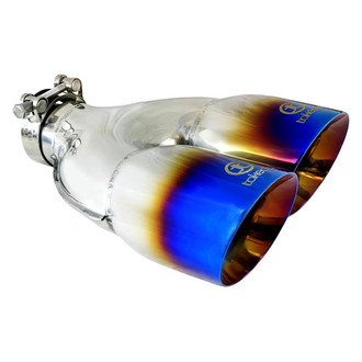 Takeda® - 304 SS Passenger Side Staggered Round Angle Cut Clamp-On Dual Blue Flame Exhaust Tip (2.5" Inlet, 4" Outlet, 12" Length)
